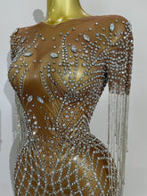 Load image into Gallery viewer, Rhinestones Tassel Transparent Mesh Stretch Dress
