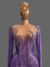 Load image into Gallery viewer, Sparkly Diamond Tassel Long Sleeves Mesh See Through Purple Dress