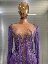 Load image into Gallery viewer, Sparkly Diamond Tassel Long Sleeves Mesh See Through Purple Dress