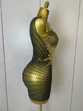 Load image into Gallery viewer, Sparkly Gold Rhinestone Transparent Sleeveless Mini Dress