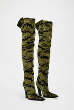 Load image into Gallery viewer, Luxury olive green over-the-knee textured boots with black abstract print and block heel.