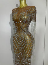 Load image into Gallery viewer, Rhinestones Tassel Transparent Mesh Stretch Dress