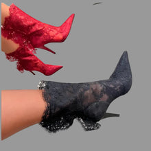 Load image into Gallery viewer, Sexy Black/Red Lace Embroidered Ankle Boots