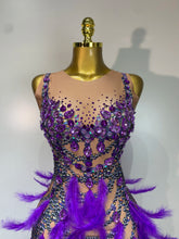 Load image into Gallery viewer, Violet Cabaret Crystal Feather Gown with purple feathers, crystal embellishments and nude illusion detailing from the Global Couture Jazz Era Collection.