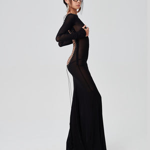 Mesh Black Long Sleeve Backless See Through