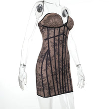 Load image into Gallery viewer, Black Lace Print Strapless Corset Mini Dress