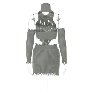 Turtleneck Backless Irregular With Gloves Crop Sweater Top Skirt