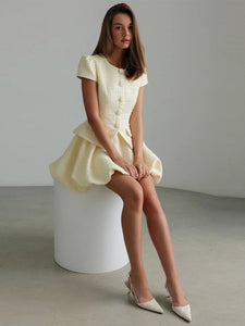 Tweed Puffy Sleeve Shirt Bubble Skirt Set