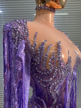 Load image into Gallery viewer, Sparkly Diamond Tassel Long Sleeves Mesh See Through Purple Dress