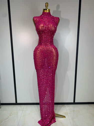 Sexy Mesh See Through Crystal Diamonds  Dress