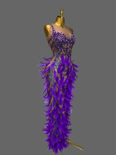 Load image into Gallery viewer, Violet Cabaret Crystal Feather Gown with purple feathers, crystal embellishments and nude illusion detailing from the Global Couture Jazz Era Collection.
