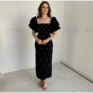 Elegant Puff Sleeve Pearl Long Dress