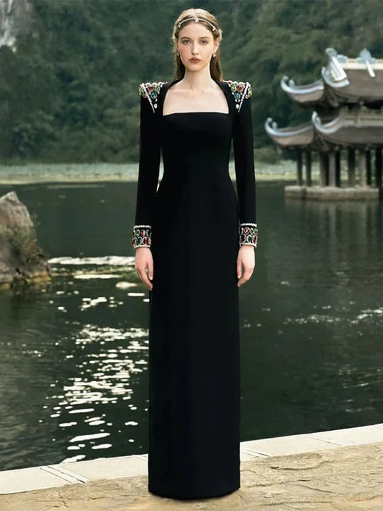 diamonds dress maxi Long Sleeve Colors Diamonds Rhinestone Beaded Long Maxi Dress – Mineli's  Closet