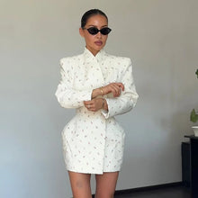Load image into Gallery viewer, White Waist Cinching Floral Shoulder Pad Blazer