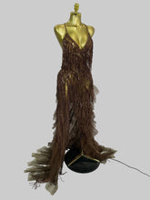 Load image into Gallery viewer, Josephine chocolate brown fringe and sequin Jazz Era couture gown with cascading tulle train