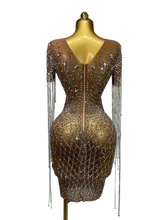 Load image into Gallery viewer, Luxury Sparkly Rhinestones Tassel Transparent Mesh Stretch  Dress