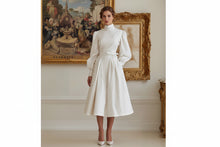 Load image into Gallery viewer, Solid White Turtleneck Puff Sleeve High Waist Bow Tied Midi Dress