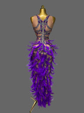 Load image into Gallery viewer, Violet Cabaret Crystal Feather Gown with purple feathers, crystal embellishments and nude illusion detailing from the Global Couture Jazz Era Collection.