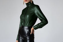 Load image into Gallery viewer, High Neck PU Leather Long Sleeve Blouse