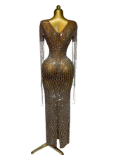 Load image into Gallery viewer, Luxury Sparkly Rhinestones Tassel Transparent Mesh Stretch  Dress