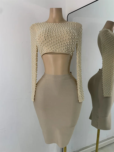 Long Sleeve Beading Top Skirt Set