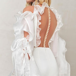 Bride White Ruffle High Collar Wedding Gown