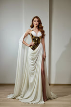 Load image into Gallery viewer, Gold Design Formal Dress With Cape