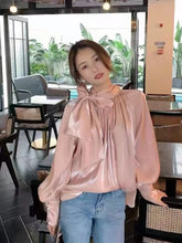 Load image into Gallery viewer, Satin Blouses Stylish Big Bow Shirt