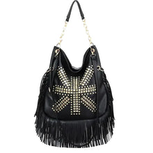 Load image into Gallery viewer, Black Dakota Fringe Hobo Bag featuring cascading fringe, gold-tone stud detailing, and a spacious shoulder silhouette, styled for boho-luxe fashion, luxury vacations, and everyday elegance.