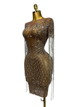 Load image into Gallery viewer, Luxury Sparkly Rhinestones Tassel Transparent Mesh Stretch  Dress