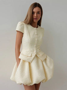 Tweed Puffy Sleeve Shirt Bubble Skirt Set