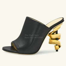 Load image into Gallery viewer, Gold Metal Heeled Leather Sandals