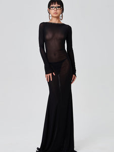 Mesh Black Long Sleeve Backless See Through