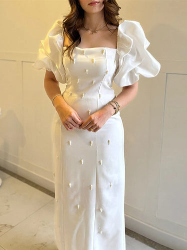 Elegant Puff Sleeve Pearl Long Dress