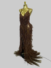 Load image into Gallery viewer, Josephine chocolate brown fringe and sequin Jazz Era couture gown with cascading tulle train