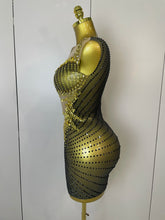 Load image into Gallery viewer, Sparkly Gold Rhinestone Transparent Sleeveless Mini Dress