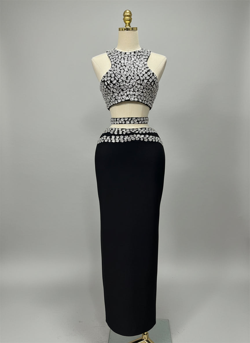 Crystal Bandage Crop Top And Long Skirt Two Piece Set