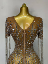 Load image into Gallery viewer, Luxury Sparkly Rhinestones Tassel Transparent Mesh Stretch  Dress