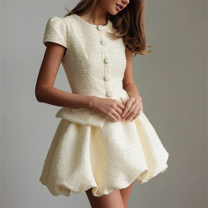 Tweed Puffy Sleeve Shirt Bubble Skirt Set