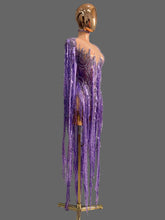 Load image into Gallery viewer, Sparkly Diamond Tassel Long Sleeves Mesh See Through Purple Dress