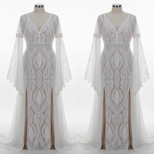 Long Split Bell Sleeves Boho Bridal Gowns