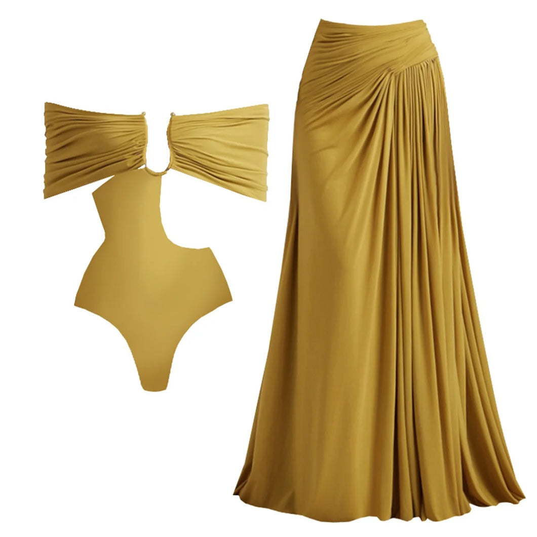 2Pcs Mesh Swimsuit Long Skirt