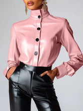 Load image into Gallery viewer, High Neck PU Leather Long Sleeve Blouse