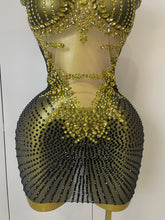 Load image into Gallery viewer, Sparkly Gold Rhinestone Transparent Sleeveless Mini Dress