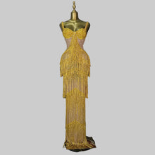 Load image into Gallery viewer, Gloria gold crystal embellished fringe gown from the Global Couture Jazz Era Collection