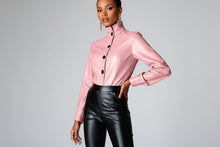Load image into Gallery viewer, High Neck PU Leather Long Sleeve Blouse