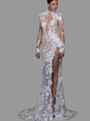 Illusion High Slit Gown Vintage Mermaid Long Dress