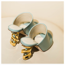 Load image into Gallery viewer, Gold Metal Heeled Leather Sandals