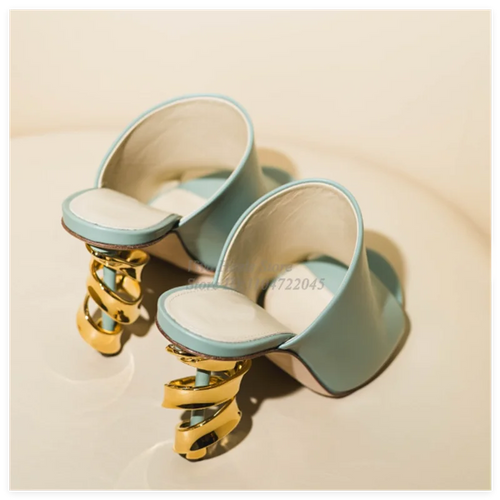 Gold Metal Heeled Leather Sandals