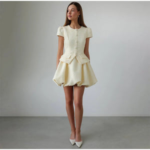 Tweed Puffy Sleeve Shirt Bubble Skirt Set